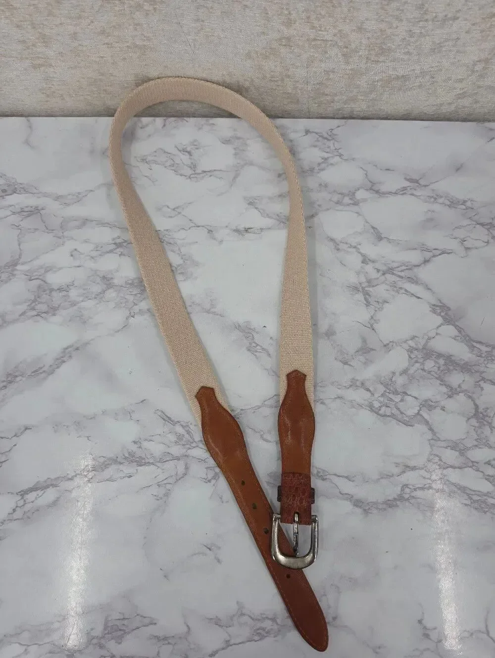 Vintage Cole Haan Men's Woven Cream Belt with Brown Leather Silver Tone Buckle